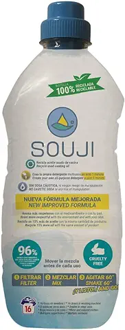 SOUJI Recicla Aceite Usado y haz Detergente Ecológico en 1 Minuto, sin Riesgos. Solo Mezclar, Agitar y Listo. Múltiples usos de Limpieza. Innovación 100%. Botella 100% Reciclada y Reciclable.  