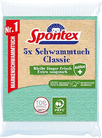 Spontex Paño de Esponja Classic Antibac, Certificado PEFC, 100% Biodegradable, con Protección Antibacteriana para Limpieza Higiénica, 1 Paquete de 5 Unidades  
