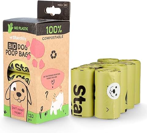 Starchly Bolsas Biodegradables para Excrementos de Perros, Materiales Reciclados a Prueba de Fugas Ecológicos, 120 Bolsas (8 Rollos de 15 Unidades), Color Verde  