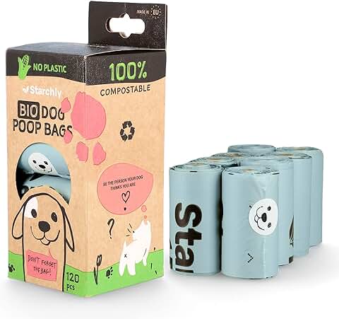 Starchly Bolsas de caca Compostables para Residuos de Perros, Ecológicas, a Prueba de Fugas, Materiales a base de Almidón, 120 Bolsas (8 Rollos de 15), azul  