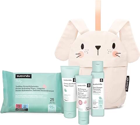 Suavinex, Neceser Bebé, Set Regalo Bebé Recién Nacido con: Crema del Pañal, 75 ml + Gel Champú Espumoso 100 ml + Crema Facial 50 ml + Toallitas Dermohidratantes 25 uds. Formato Viaje, Conejo, Rosa  