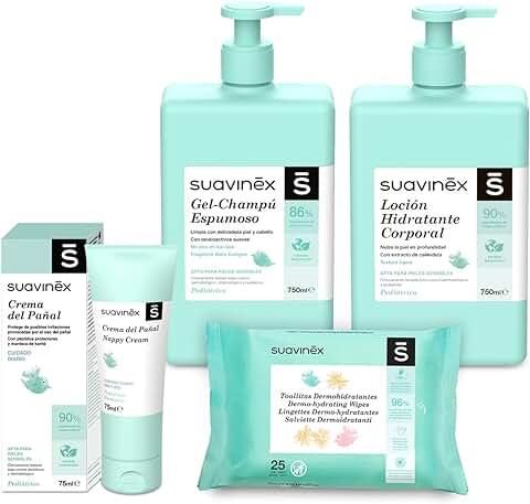 Suavinex, Pack Cosmética Gran Formato. Incluye: Gel-Champú Espumoso 750 ml + Loción Hidratante 750 ml + Crema Pañal 75 ml + Pack Toallitas 25 uds. Pack Bebé Recién Nacido, 4 Productos  