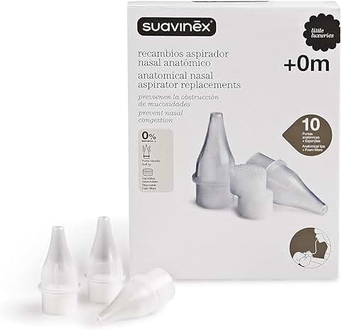 Suavinex, Pack de 10 Recambios para Aspirador Nasal de Bebé, para Aspirador Anatómico con Tubo Flexible. Incluye 10 Puntas Blanditas + 10 Esponjitas Desechables, Lavado Nasal Seguro y Cómodo  
