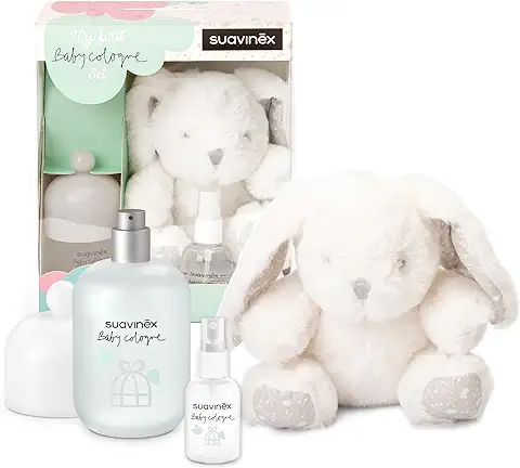 Suavinex, Regalo Bebé Baby Cologne. Incluye Baby Cologne 100 ml + Baby Cologne 50 ml Formato Viaje + Peluche para Bébé. Colonia para Bebé y Niños Baja en Alcohol, No Mancha la Ropa  