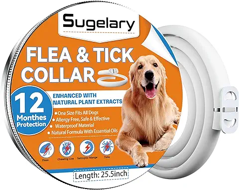 Sugelary Collar Antiparasitario Perros, Collar Antiparasitario para Perro Ajustabl, Protección de 12 Meses Mejorada con Aceites Esenciales Naturales para Perros Pequeños, Medianos y Grandes(1PCS)  