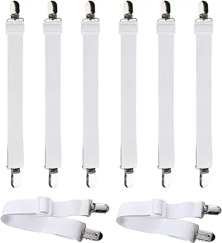 Sujetadores para Sábanas 8 Piezas Correas Cama Clips Ajustables Elásticos con Clips de Metal para Sábana Bajera Fundas de Colchón Sofá Blanco  