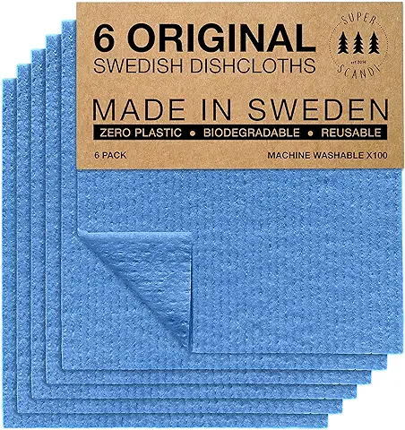 SUPERSCANDI | Bayeta Sueca Super Absorbente, Reutilizable Y Ecologica | Paños De Cocina Biodegradables De Celulosa Y Algodón | Bayeta Cocina | Trapo Cocina, Limpieza | Pack x6, Azul  