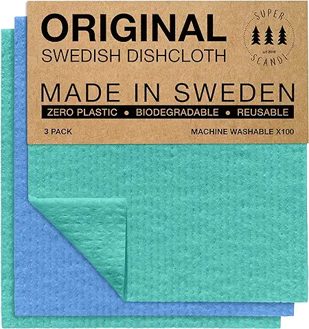 SUPERSCANDI | Bayeta Sueca Super Absorbente, Reutilizable Y Ecologica | Paños De Cocina Biodegradables De Celulosa Y Algodón | Bayeta Cocina | Trapo Cocina, Limpieza | Pack x3, Azul Verde  