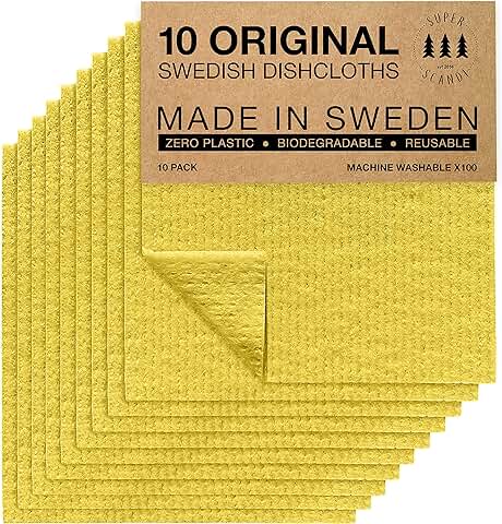 SUPERSCANDI | Bayeta Sueca Super Absorbente, Reutilizable Y Ecologica | Paños De Cocina Biodegradables De Celulosa Y Algodón | Bayeta Cocina | Trapo Cocina, Limpieza | Pack x10, Amarillo  