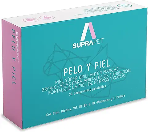 Suprapet, Pelo y Piel para Perros y Gatos 30 Comprimidos a base de Biotina, Zinc, Vitaminas B, Metionina y Cistina para el Bienestar y Brillo del pelo | Pienso Complementario  