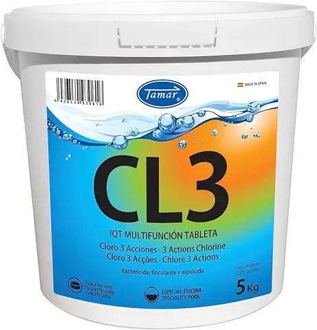 Tamar Cloro 3 Acciones, Tabletas Multifuncion de 200 grs, Pastillas de Disolución Lenta, Biocida Especial Multiacción, 3 Efectos, Mantenimiento Piscina, Desinfectante, Clarificante, Alguicida 5 Kilos  