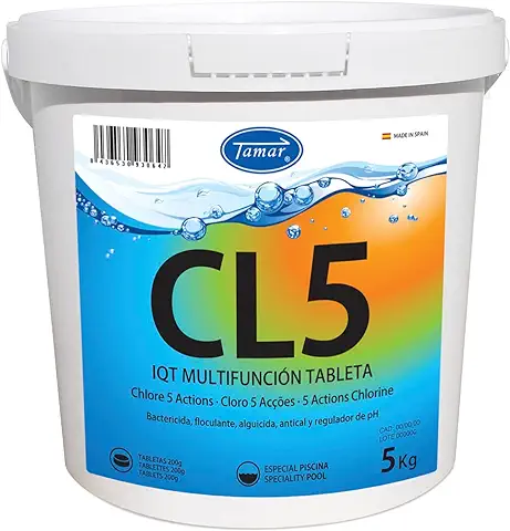 Tamar Cloro 5 Acciones,Tabletas Multifuncion de 200 Gr,biocida Especial Multiacción, Disolución Lenta, Mantenimiento agua Piscina, Desinfectante, Clarificante, Alguicida,regulador pH y Antical 5 Kilos  