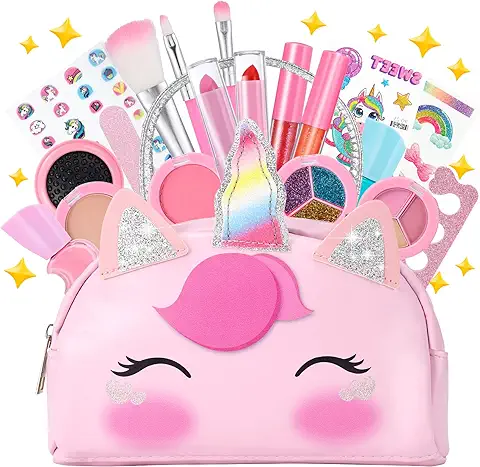 Taricor Maquillaje para Niñas Maletin Maquillaje Niñas Lavable Juego de Maquillaje No Tóxico y Seguro Bolsa de Maquillaje para Niñas Rosa Unicornio Regalo de Cumpleaños y Navidad para Niñas de 3+ Años  