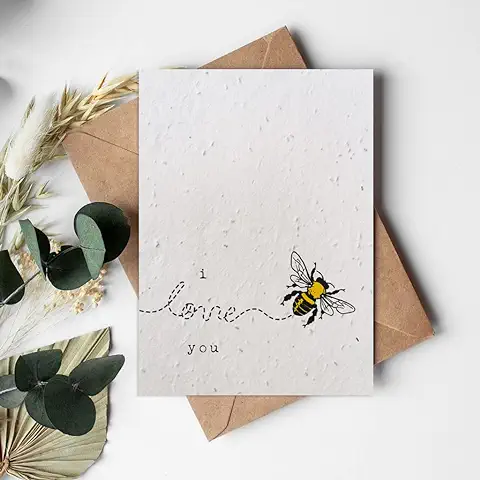 Tarjeta de Felicitación Plantable de Papel de Semillas, Ecológica, Biodegradable, Sostenible, Hecha de Algodón Reciclado, Productos Textiles con Texto en Inglés "I Love You Bee  