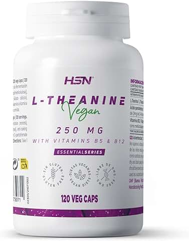 Teanina de HSN | 120 Cápsulas Vegetales de 250mg de L-Teanina | Aminoácido Procedente de Hojas del Té Verde | Nootrópico Natural | Suplemento para la Relajación | No-GMO, Vegano, Sin Gluten  
