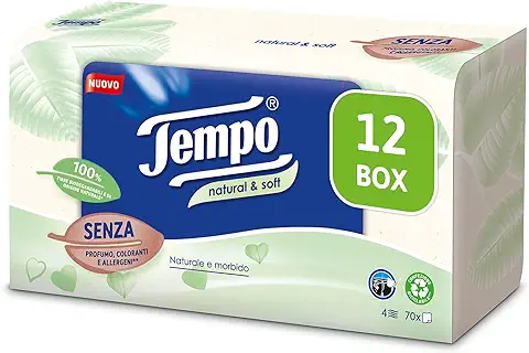 Tempo Pañuelos Tempo Paquetes de Papel Natural y Suave, 4 Capas, Resistentes a la Lavadora, Pañuelos Naturales y Suaves, sin Perfume, Colorantes ni Alérgenos, 12 Paquetes de 70 Pañuelos Desechables  