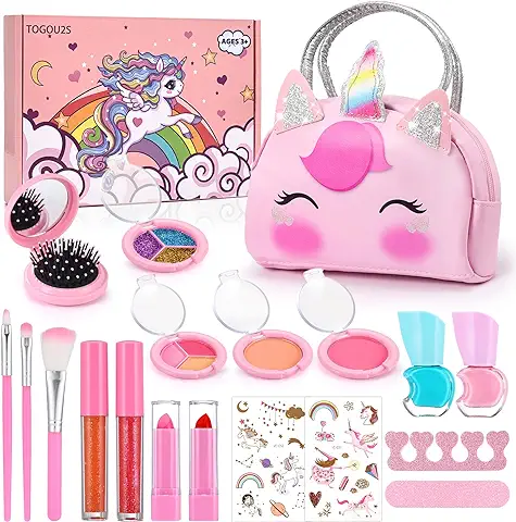 TOGOU2S Maquillaje para Niñas, Bonito Neceser de Maquillaje Rosa Unicornio, Juguetes de Maquillaje Lavable, Seguro y No Tóxico, Maletin Maquillaje Niñas, Regalo Niñas 4 5 6 7 8+ Años, Cumpleaños  
