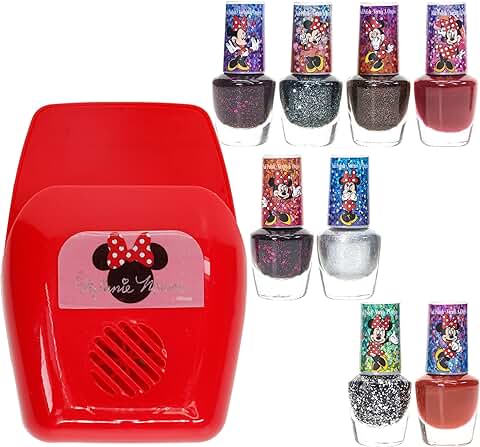 Townley Girl - Disney Minnie Mouse Juego de Esmaltes de Uñas Seguros a Base de Agua, no Tóxicos, con Secador de Uñas para Niños, Pilas AA no Incluidas, a Partir de 3 Años  