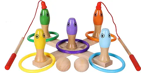 TOWO Juguetes de Madera Quiots - Juego de Punteria: Juego de Lanzamiento de Anillos, Juego de Pesca y Juego de Bolos - Juegos Deportivos 3 en 1 para 3 Años y mas - Juego de Habilidad para Niños  