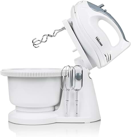 Tristar MX-4152 Batidora de Varillas con bol de 2 Litros, Batidora y Amasadora para Repostería, 5 Velocidades, Incluye 2 Ganchos de Amasado y 2 Varillas, Función Turbo, 200 W, Blanco  