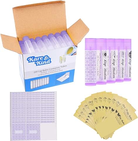 Tubos Contenedores de Bálsamo Labial – Paquete de 50x – DIY – Púrpura – 5.5 ml – 50 Etiquetas Para Escribir y 50 Impresas – Mecanismo de Torsión y una Tapa – Vacío – Haz Bálsamo Labial Natural