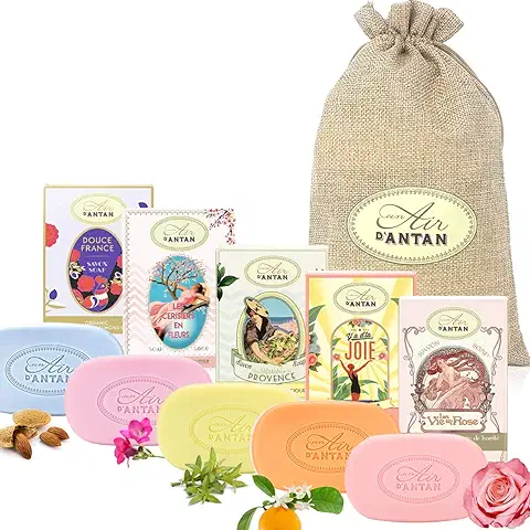 Un Air D'Antan® Set de Belleza Para Mujer de 5 Jabones Vintage con Aceites Orgánicos de Manteca de Argán y Karité, 5 Fragancias de Flor de Cerezo Verbena Rosa Almendra Dulce Lirio de los Valles 500g  