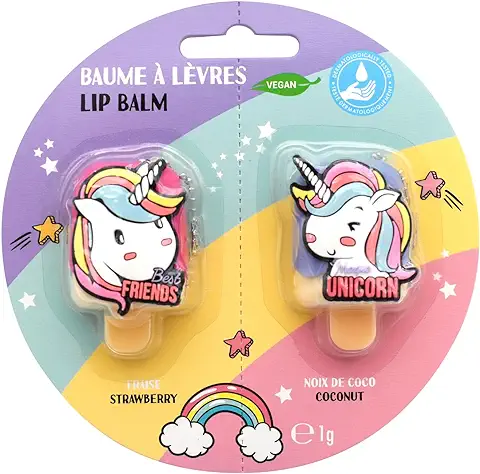 Unicornio, Lote de 2 Bálsamos Labiales, Cuidado de los Labios, Perfumados, Sabores, Coco, Fresa, Hidratación, Niños, Vegano, 1 g, TAKE CARE  
