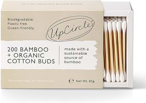 UpCircle Bastoncillos de Algodón de Bambú, 200 Piezas, Biodegradables, Sostenibles, sin Plástico, Totalmente Reciclables, Ecológicos, un Básico para Cualquier Baño  