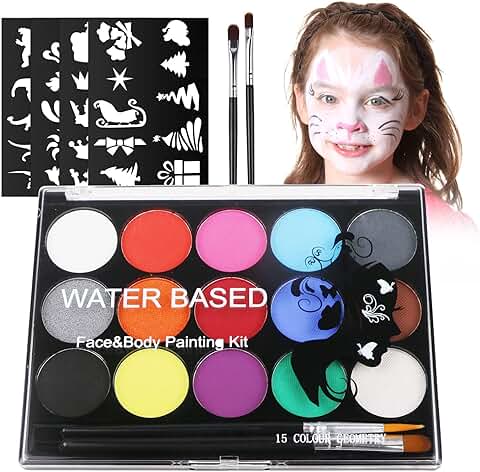 URAQT Pintura Corporal y Facial, 15 Colores Seguridad No Tóxica Pintura Facial, Kit de Pintura Facial con 32 Plantillas 2 Pinceles, Pintura de Cara para Niños Halloween Fiestas Cosplay Semana Santa  