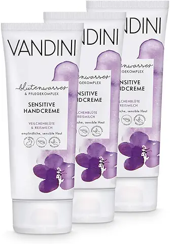 VANDINI Crema de Manos para Mujeres con flor de Violeta y Leche de Arroz - Cremas Intensiva para Pieles Secas - Libre de Siliconas y Parabenos - 3x 75 ml  