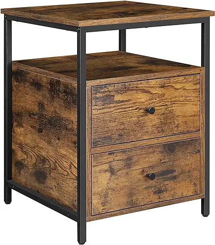 VASAGLE Mesita de Noche, Mesa Auxiliar, 45 x 45 x 60 cm, Estante Abierto, 2 Cajones, para Salón, Dormitorio, Marrón Rústico y Negro LET067B01  