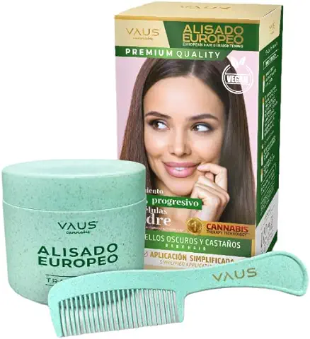 VAUS | Alisado Europeo - Kit Alisador Profesional - Tratamiento de Pelo Progresivo con Cannabis Therapy Technology - Vegano, con Keratina Organica, Eco Friendly y Envase Biodegradable - Pelo Oscuro  