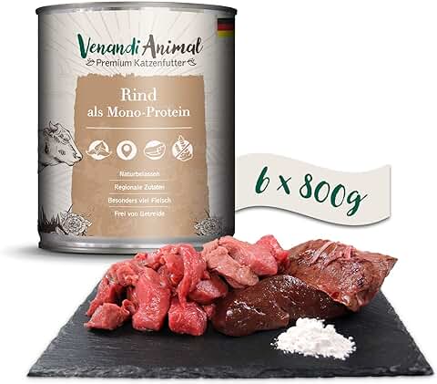 Venandi Animal Comida de Calidad para Gatos - Carne Vacuna como Monoproteína, Comida Húmeda, sin Cereales y Natural, Paquete de 6 (6 x 800 g)  