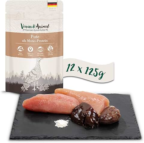 Venandi Animal Comida de Calidad para Gatos - Pavo como Monoproteína, Comida Húmeda, sin Cereales y Natural, Paquete de 12 (12 x 125 g) Venandi Animal Comida de Calidad para Gatos - Pavo como Monoproteína, Comida Húmeda, sin Cereales y Natural, Paquete de 12 (12 x 125 g)
