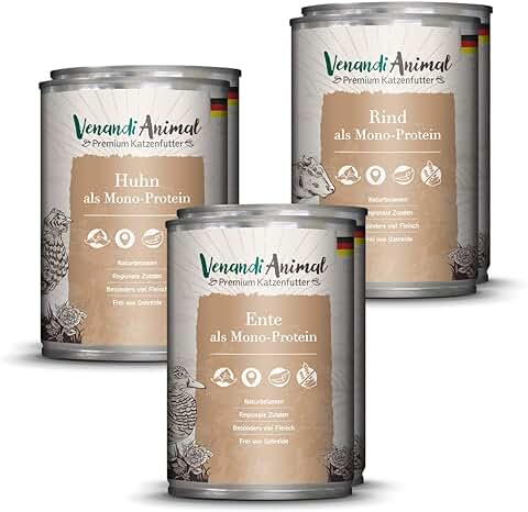 Venandi Animal - Pienso Premium para Gatos - PAQUEE DE Prueba I 2*Pollo, 2*Pato, 2*Ternera - Completamente Libre de Cereales - 6 x 400 g  