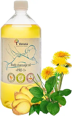 Verana PRO-1 Aceite de Masaje Neutro Profesional, Sin OGM/Sin Olor, Natural, Ecológico, para el Cuerpo, la Cara, el Cabello, las Uñas, los Pies, las Orejas, las Estrías, Anticelulítico 1 Litro  