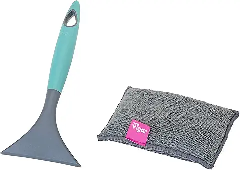 VIGAR S Set Vitrocerámica Uso Hergo, Rasqueta con Mango de suve Goma y Cuchilla Anti-rayaduras y Esponja de Doble Capa de Microfibra  
