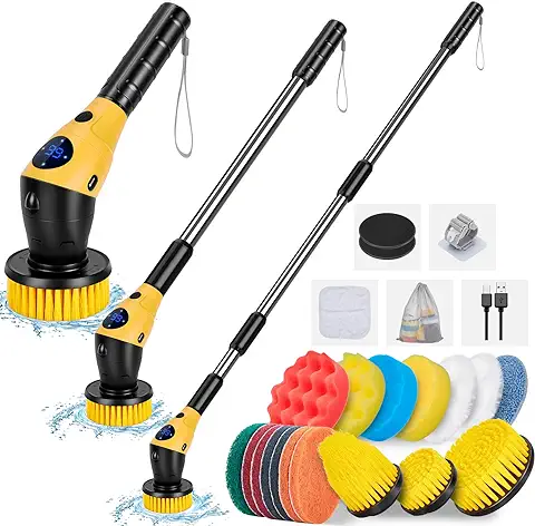 WADEO Cepillo de Limpieza Eléctrico, Fregadora Eléctrica Inalámbrica con 17 Cabezales de Cepillo de Taladro, Cepillo de Limpieza de Ducha con Mango Ajustable para Baño, Suelo de Baldosas y Coche  