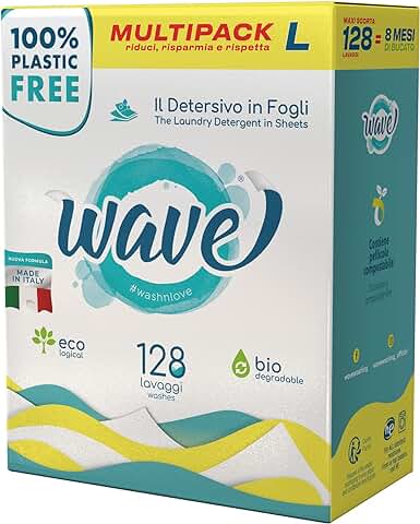 Wave Washing Classic – El Detergente en Hojas – 100% LIBRE DE PLÁSTICO – Multipack L - 128 lavados – Ecológico – Biodegradable – Compostable