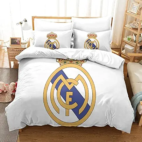 WINUO Equipo de Fútbol Real Madrid Juego de Funda Nórdica 135X200cm (Cama de 90) Funda de Edredón de Microfibra Suave con 2 Fundas de Almohada 50x75  