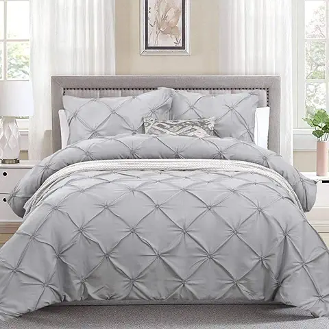 WONGS BEDDING 3 Piezas Ropa de Cama Lujo Gris Pellizco Plisado Funda Nórdica Conjunto para el Hogar 200x200cm  