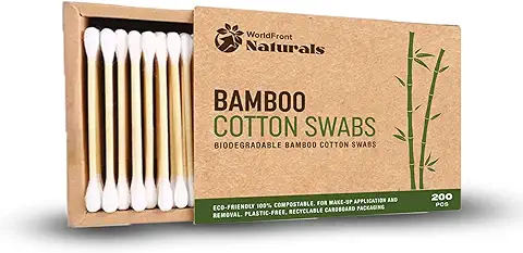 WorldFront Naturals,Hisopos de Algodón de Bambú Biodegradables, 200 Unidades, Bastoncillos de Algodón Natural Ecológicos, Multiusos, Eliminación de Cerumen, arte y Manualidades  