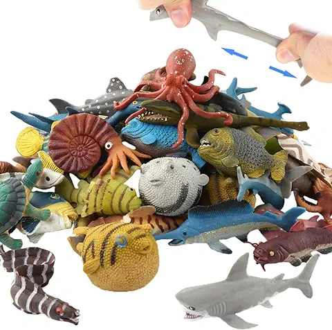 YeoNational&Toys Animal Marino, 18 Paquetes de Juguetes de Goma de Baño, Fiesta de Las Figuras del de Juguete de Baño Flotante y Blando, Baño con Tiburón  