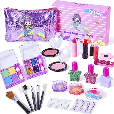 Yetech Juego de Maquillaje Lavable para Niños, 23 Piezas, Kit de Cosméticos Reales de Seguridad Probada para Niños con Bolsa de Sirena, Juguete de Regalo de Cumpleaños y Navidad para Niñas de 4-8  