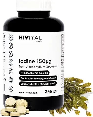 Yodo Natural 150 mcg. 365 Comprimidos Veganos para 1 Año. Iodo Procedente de Alga Kelp BIO. Para la Tiroides, Hipotiroidismo, Mejorar el Metabolismo Energético y el Cuidado de la Piel, Cabello y Uñas  
