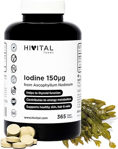 Yodo Natural 150 mcg. 365 Comprimidos Veganos para 1 Año. Iodo Procedente de Alga Kelp BIO. Para la Tiroides, Hipotiroidismo, Mejorar el Metabolismo Energético y el Cuidado de la Piel, Cabello y Uñas  