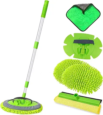Yokiss Kit de Limpieza de Coche, Cepillo de Lavado de Coche con Mango Largo, 2 Cabezales de Cepillo de Lavado, de Microfibra, 1 Esponja con Espátula para Secado/1 Paño de Lavado  