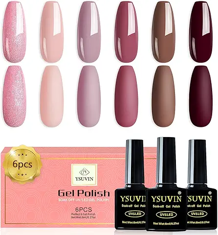 YSUVIN Esmaltes Semipermanentes para Uñas, 6 Colores Piel Color Rosa Curry Marrón Pintauñas Semipermanentes, Esmalte Uñas Soak Off UV/LED Gel Uñas Diy Manicura Nail Art Set, 8ml  