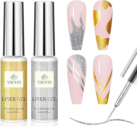 YSUVIN Liner Esmalte Semipermanente, 2 Colores Oro Plata Kit Uñas Semipermanentes, Pintauñas Semipermanentes Soak Off UV/LED Gel Uñas Diy Manicura Nail Art Set, 8ml  