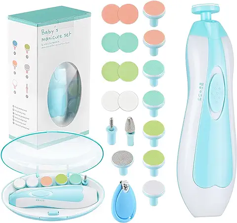 Zooawa Cortauñas de Bebé 20 en 1, Cortauñas Eléctrico de Bebé, Kit de Lima de Uñas con 12 Almohadillas de Repuesto, Kit de Recorte para Uñas, Dedos, Recién Nacidos, Bebés, Niños Pequeños o Adulto,Azul  